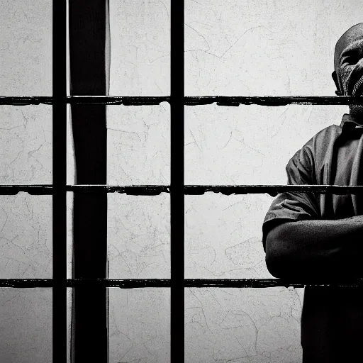 Prompt: A derelict dark photograph of the viewer looking at Steve Harvey who is behind metal bars in Jail