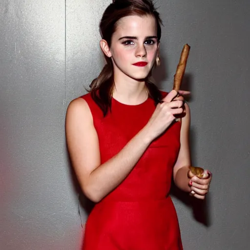 Prompt: Emma Watson wearing a red party dress and holding a cigar in one hand, high quality photograph in a night club