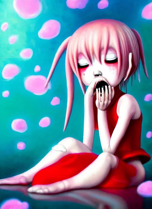 Image similar to a dramatic emotional hyperrealistic pop surrealist oil panting of a sad sobbing grotesque kawaii vocaloid figurine caricature sobbing red in the face uglycrying with tears and snot featured in silent hill 2 by lisa frank made of fine china, 😭🤮 💔