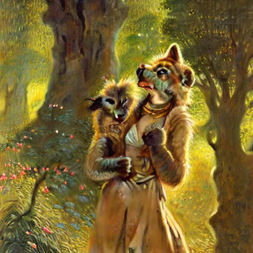 Prompt: a forest with a female hyena hyenawoman canine in wizard robes. zootopia fursona furaffinity furry art detailed face painting by gaston bussiere craig mullins jc leyendecker gustav klimt artgerm greg rutkowski furry