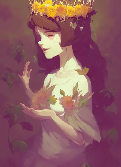 Image similar to portrait of cute fairy girl with crown of flowers fantasy, by atey ghailan, by greg rutkowski, by greg tocchini, by james gilleard, by joe gb fenton, by kaethe butcher, dynamic lighting, gradient light yellow, brown, blonde cream and white color in scheme, grunge aesthetic