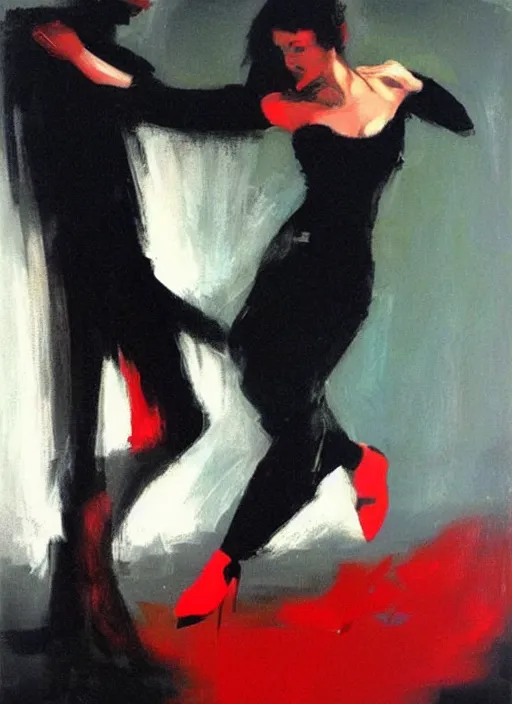 Prompt: tango dancerin in black and red dress, painting by phil hale, fransico goya,'action lines '!!!, graphic style, visible brushstrokes, motion blur, blurry, visible paint texture, crisp hd image