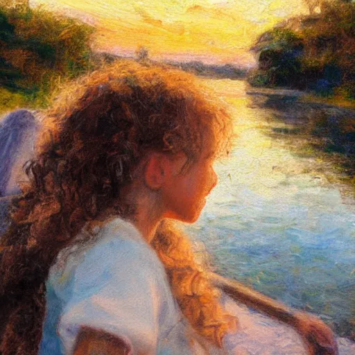 Image similar to girl with curly blonde hair sits next to her white pitbull, sitting on a riverbank watching the sunset, painting by marc fishman