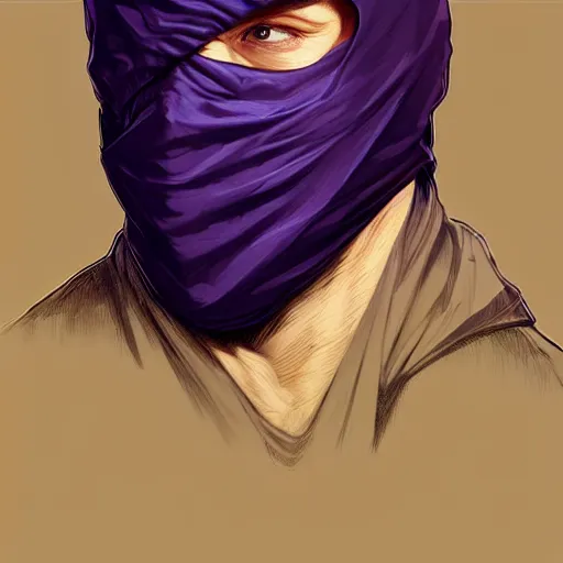 Image similar to ultra realistic illustration, man in a black hood, in a striped purple balaclava, mysterious, highly detailed, digital painting, artstation, concept art, smooth, sharp focus, illustration, art by artgerm and greg rutkowski and alphonse mucha