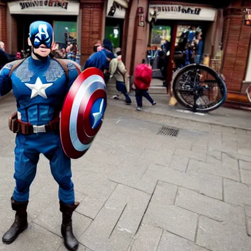 Prompt: captain america fighting the general public inside a wetherspoons pub