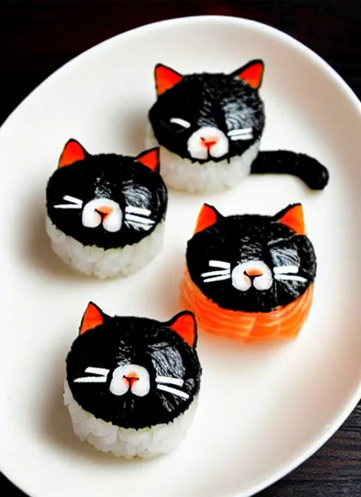 Image similar to clear photorealistic picture of simple cute cats made from sushi rice, arranged on sushi plates with garnish