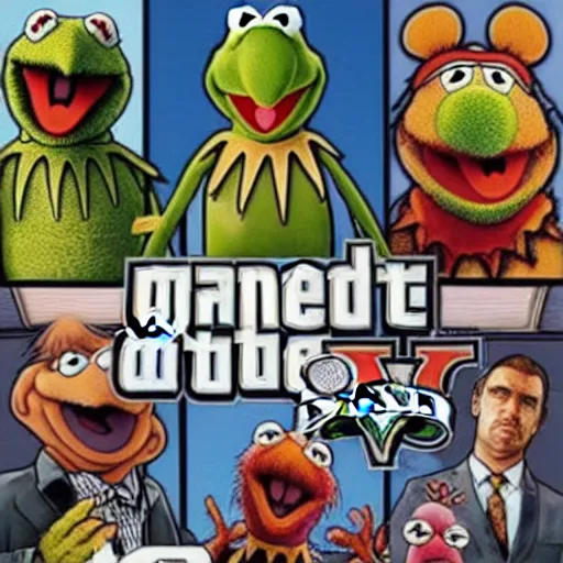 Prompt: the Muppets in GTA V, in the style of GTA cover art by Stephen Bliss