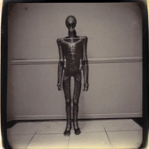 Image similar to Old polaroid of a dark spindly figure standing at the end of a dim hallway, liminal, creepypasta
