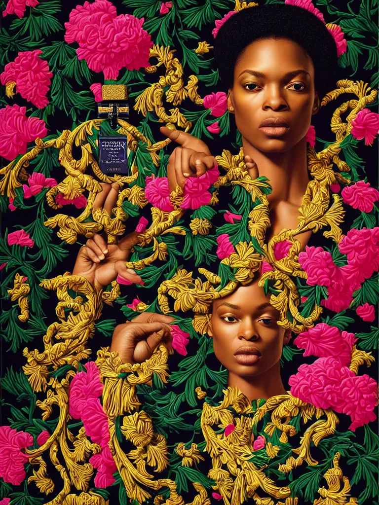 Image similar to fragrance advertising campaign by kehinde wiley, highly detailed, intricate, saturated colors