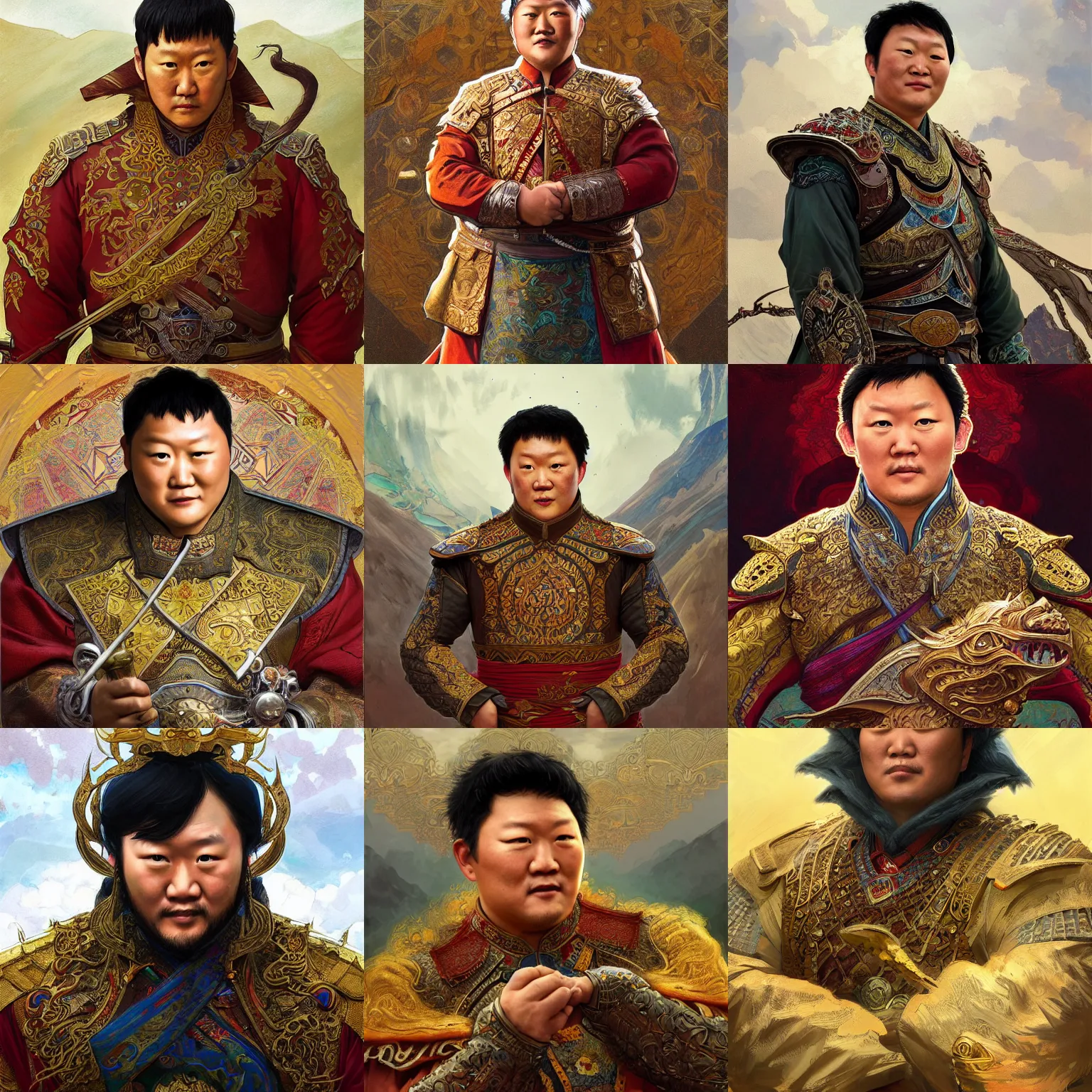 Prompt: painting of benedict wong as a mongolian khan, fantasy, intricate, highly detailed, digital painting, artstation, concept art, sharp focus, illustration, art by artgerm and greg rutkowski and alphonse mucha