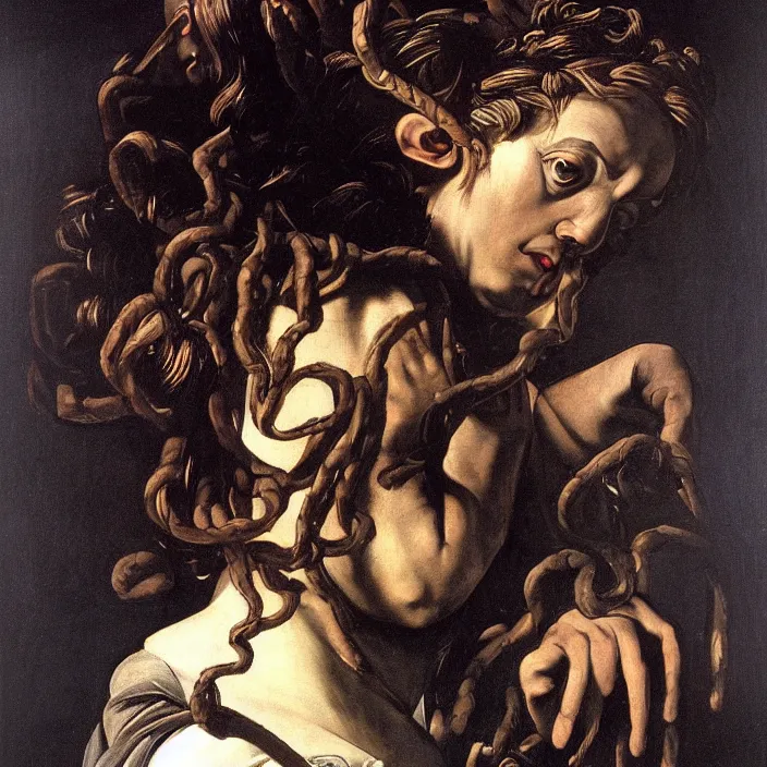 Prompt: Caravaggio-style portrait of Medusa