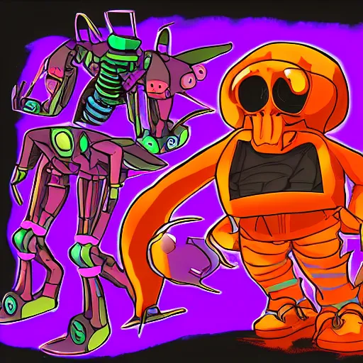 Prompt: official character sheets for a new vampire squid casual mech suit, art by tim schafer black velvetopia art for psychonauts from double fine studios, black light rave, bright neon colors, spray paint, punk, tall thin build, adult character, fully clothed, colorful