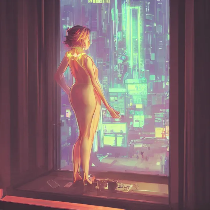 Image similar to zoomed in picture of a dancing girl wearing a gown, short hair, bed room, cyberpunk city view out of the window, no lights in bedroom, bright neon lights from the city, elegant, highly detailed, artstation, soft lights, night, fog, sharp focus, drawn by ayami kojima
