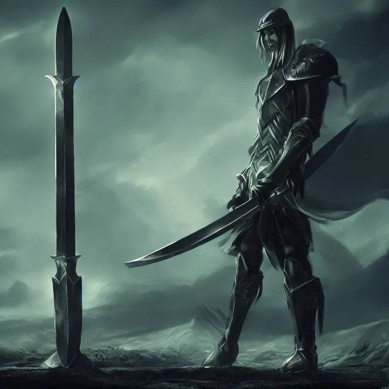 Prompt: The Sword Excalibur in the ground, dramatic lighting, highly stylized, trending on artstation, high-quality wallpaper, desktopography