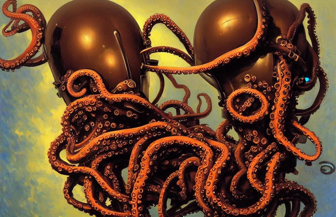 Image similar to portrait of deep sea diver helmet, octopus tentacles!!!!!!!!!!!!!!!!!!!!!!!!!!!, detailed face, detailed painting, epic lighting, by ilya repin, phil hale and kent williams