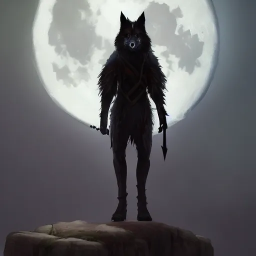 Prompt: beautiful portrait painting of a dark fantasy, urban fantasy wolf standing in front of a full moon, cgsociety, trending on artstation