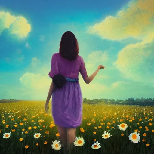 Prompt: many daisy flowers as a head, full body, girl walking in a flower field, surreal photography, sunrise dramatic light, impressionist painting, colorful clouds, digital painting, artstation, simon stalenhag, flower face