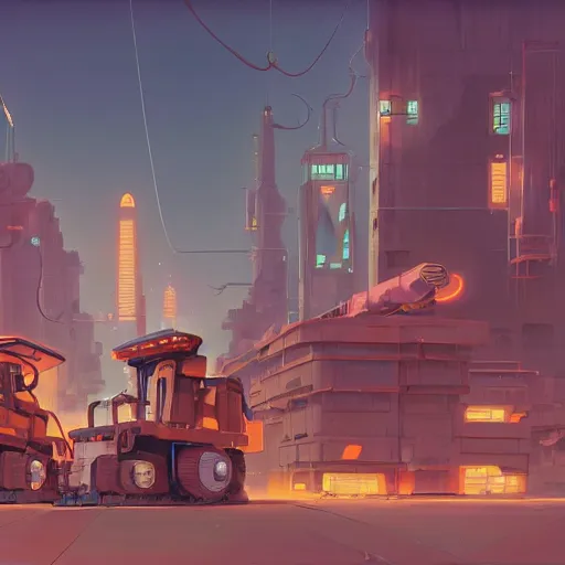 Image similar to sci - fi steampunk construction site with robotic construction vehicles with happy faces, cory loftis, james gilleard, atey ghailan, makoto shinkai, goro fujita, studio ghibli, rim light, exquisite lighting, clear focus, very coherent, plain background