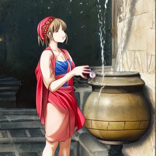 Image similar to anime girl in a greek womans clothing pouring water out of a gourd into a fountain, spanish alleyway