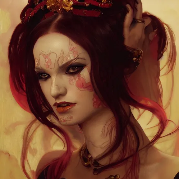 Image similar to excellent painted portrait of a elegant demon lady queen of hell, high quality painting with detailed face, 4k, trending on artstation, octane render, art by artgerm and greg rutkowski and alphonse mucha and craig mullins and James Jean and Andrei Riabovitchev and Marc Simonetti and peter mohrbacher