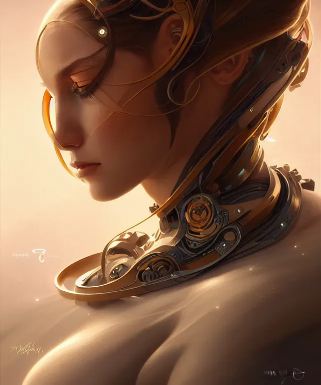 Image similar to futuristic woman portrait, sci-fi, amber eyes, face, long hair, fantasy, intricate, elegant, highly detailed, digital painting, artstation, concept art, smooth, sharp focus, illustration, art by artgerm and greg rutkowski and alphonse mucha