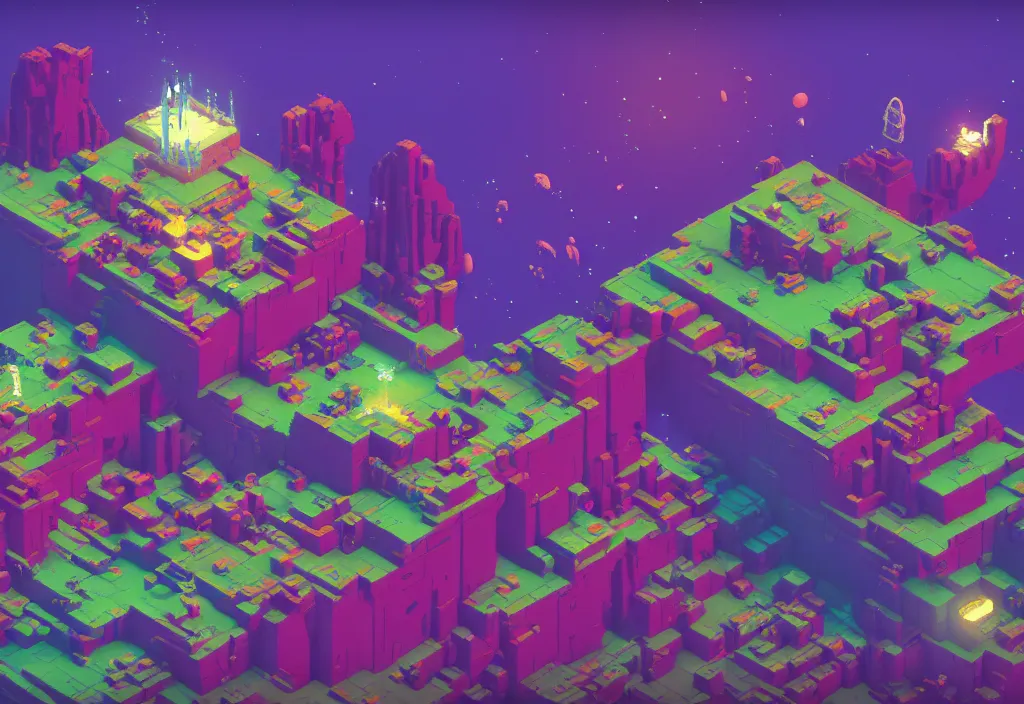 Image similar to isometric magicavoxel no mans sky castle cinematic lighting, 4k