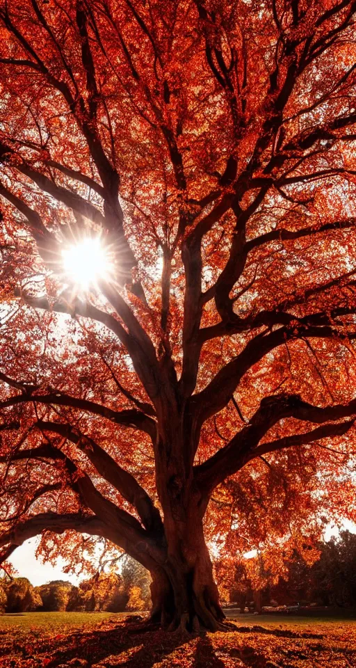 Image similar to beautiful ancient tree made of bone with crimson autumn leaves, melancholy autumn light, red leaves, white bone tree, atmospheric HD photograph, lens flare, depth of field