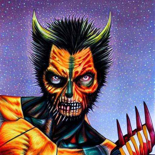 Image similar to hyper realistic colored pencil drawing of zombie wolverine, space background, unlimited detail, colored, space, dragon, intricate, detail, phoenix, orange by harumi hironaka art gem, cg society