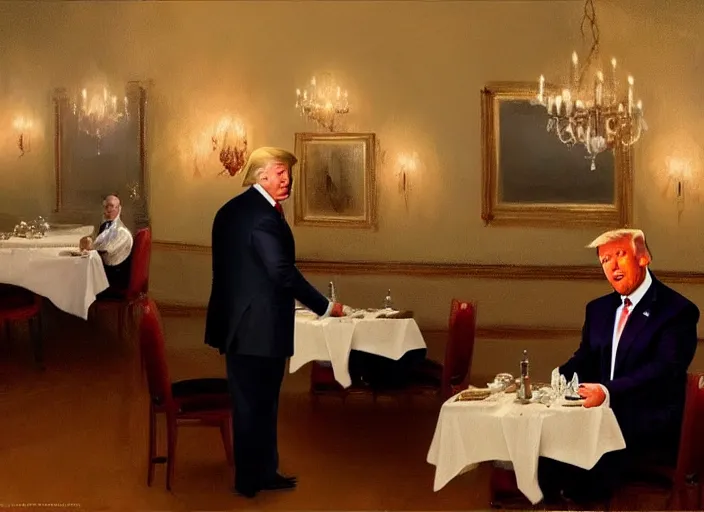 Prompt: donald trump working as a waiter, waiting on a table, matte painting, extreme detail, trending on artstation, by isaac levitan and asher brown durand,