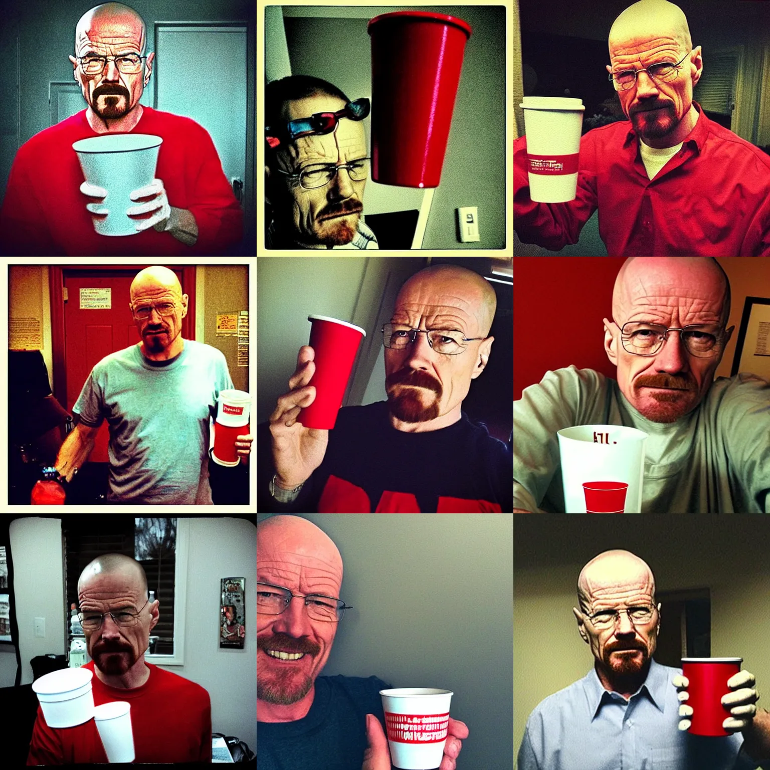 Prompt: 2012 instagram post of Walter White hold a red solo cup