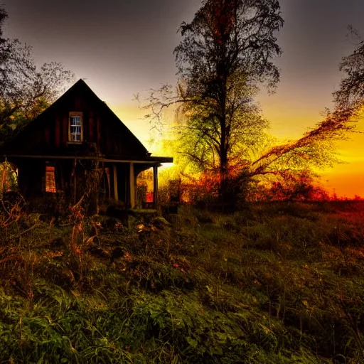 Prompt: cottage,overgrown,hunted,spooky, Halloween October, sunset