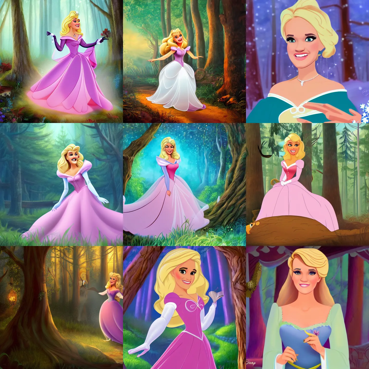 Prompt: a disney cartoon illustration of carrie underwood as sleeping beauty, dynamic lighting, 4 k hdr, hyper realistic, pretty face, in a forest, smiling