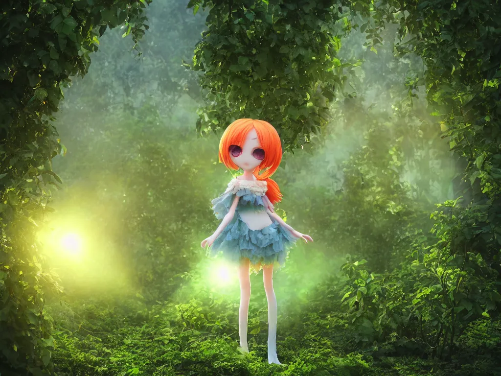 Image similar to cute fumo plush girl among vines in the middle of a lush rose garden, glowing ethereal gothic wraith plantgirl, tattered green dress, smoke and orange volumetric fog, blue sky sunshine lens flare, bokeh, vray