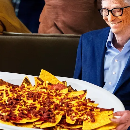 Image similar to bill gates smiling down at a huge plate of cheesy nachos, candid photography