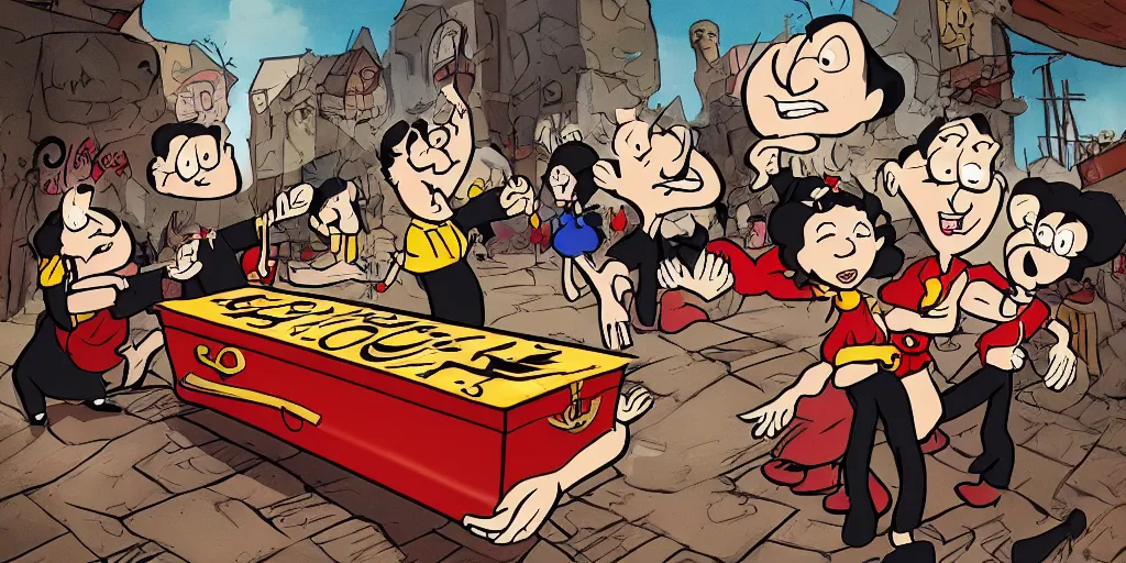 Prompt: cartoon illustration of Olive Oyl (popeye's girlfriend) with isacc newton and john lennon watching a coffin at a wake, trending at artstation, trending at deviantart