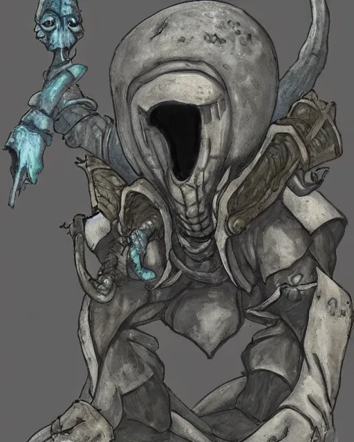 Image similar to squidward as a dark souls boss