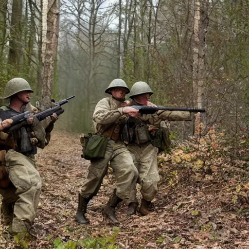 Image similar to ww 2 battlefield encounter in the woods between 2 american soldiers and a german soldier