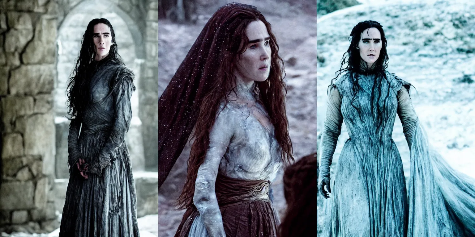 Prompt: Jennifer Connelly as a White Walker Witch in Game of Thrones, Film Still