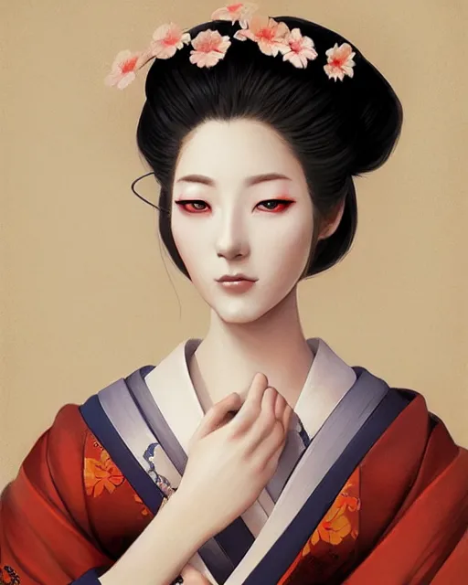 Prompt: Beautiful Geisha Portrait, character portrait art by Mandy Jurgens, 4k portrait, magical mood from japan, cgsociety