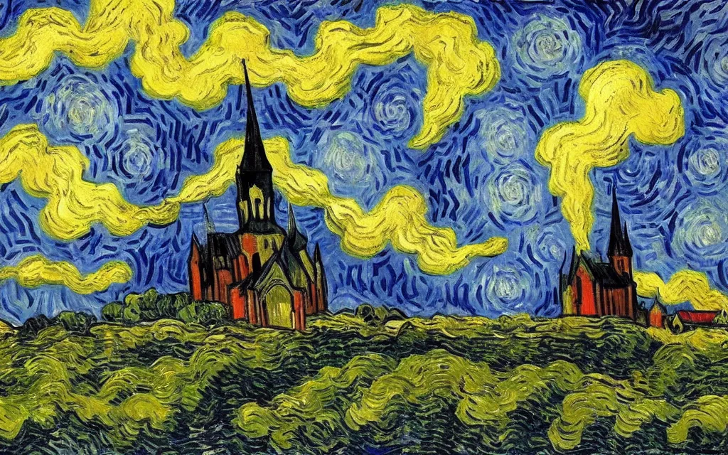 Image similar to expressionist oil painting by van gogh of lightning storm over a tall gothic church, landscape painting, expressionism, 8 k resolution detailed art, small brushstrokes, watercolor palette