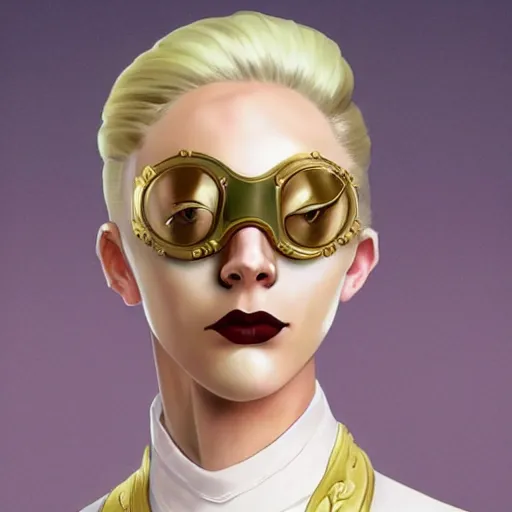 Prompt: tattooed stoic heroic plain no - makeup emotionless butch blond woman engineer at fancy masquerade ball, awkward and anxious, victorian goggles, very short slicked - back hair, white and gold satin atompunk uniform with gold cape, volumetric lighting, wlop, james jean, victo ngai! muted colors, very detailed, craig mullins, thomas kinkade, cinematic