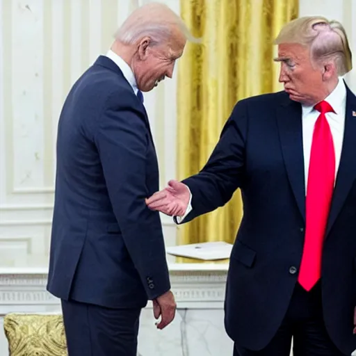 Prompt: biden and putin playing rock paper scissors in a box ring, trump is the referee