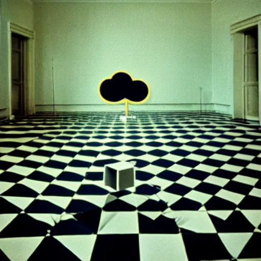 Image similar to 3 5 mm film photography by stanley kubrick, award winnin photo of an old room with checker floor and with a singular cloud floating inside it