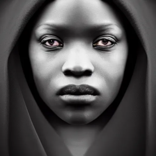 Image similar to a portrait of a young black woman wearing a long dark cloak, hood and shadows covering face, anatomically correct, beautiful perfect face, enigmatic, oil painting, matte painting, black background, Volumetric dynamic lighting, Highly Detailed, Cinematic Lighting, Unreal Engine, 8k, HD, by Beksinski