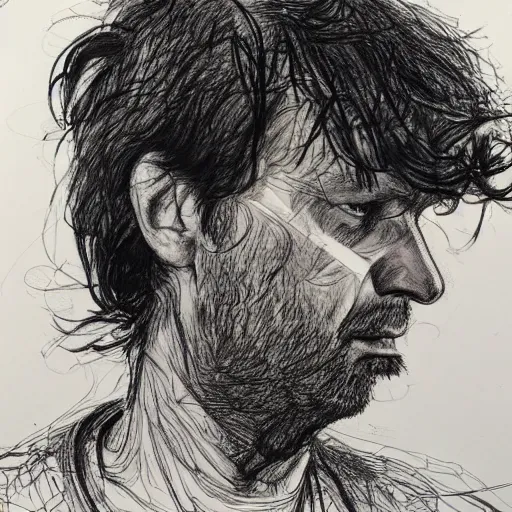 Image similar to a realistic yet scraggly portrait sketch of the side profile of a stern and sophisticated jonny greenwood, trending on artstation, intricate details, in the style of frank auerbach, in the style of sergio aragones, in the style of martin ansin, in the style of david aja, in the style of mattias adolfsson