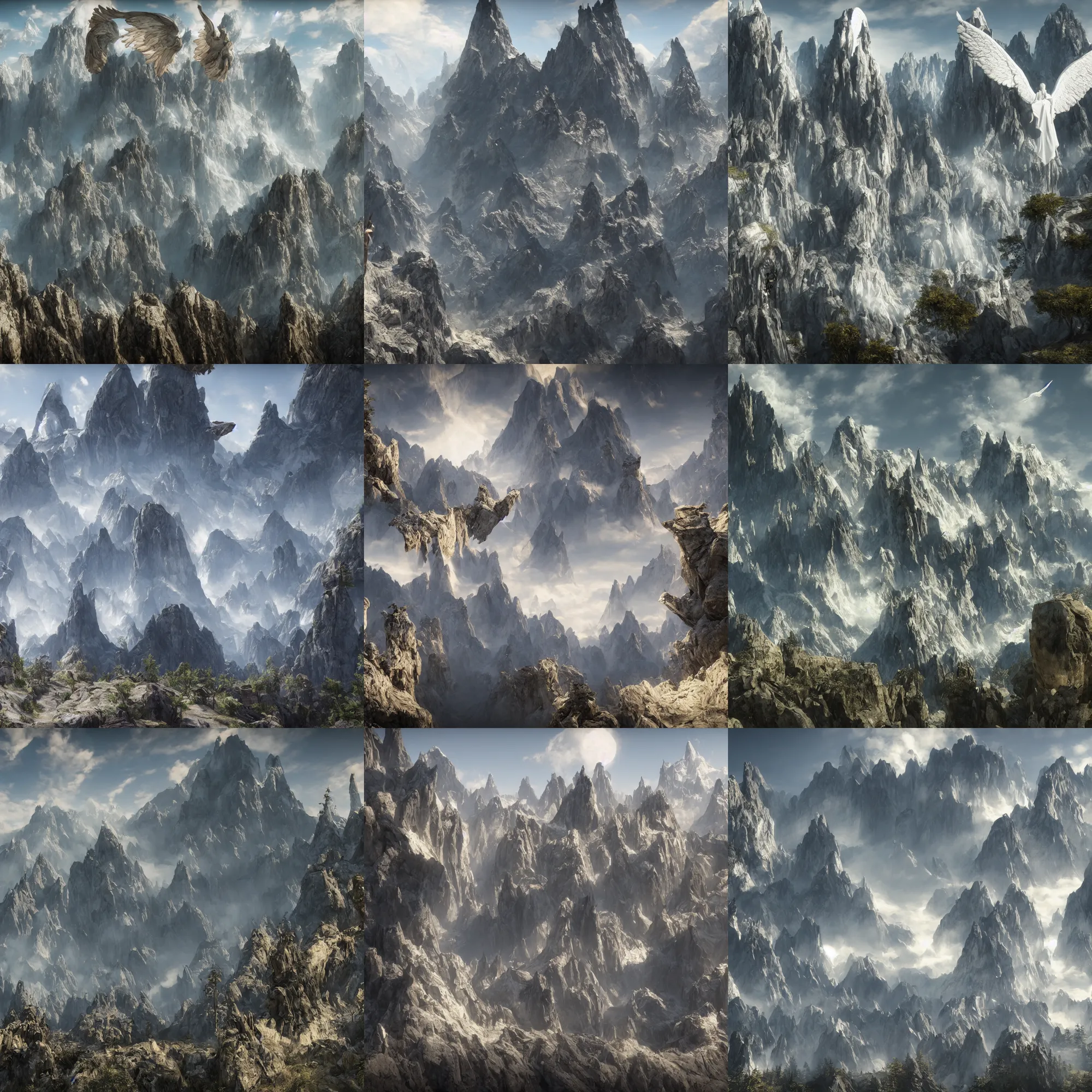 Prompt: mountains surrounded by angels, unreal engine, by weta fx, ink, an aura of holiness where virtue dominates