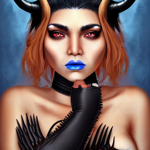 Image similar to illustrated realistic portrait of ram-horned devil woman with blue bob hairstyle and her tan colored skin and with solid black eyes wearing leather by rossdraws