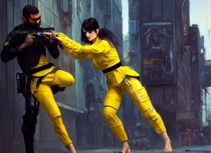 Image similar to Maria evades sgt Nash. Cyberpunk hacker wearing yellow fighting police troopers (blade runner 2049, cyberpunk 2077). beautiful face. jujitsu. Orientalist portrait by john william waterhouse and James Gurney and Theodore Ralli and Nasreddine Dinet, oil on canvas. Cinematic, hyper realism, realistic proportions, dramatic lighting, high detail 4k