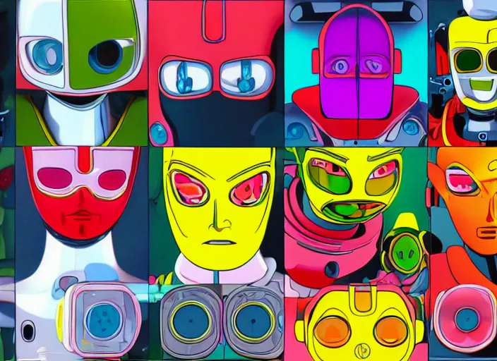 Image similar to 3 rows of 3 framed closeup colorful 3 d - rendered cg face portraits of cute evil robots in the style of osamu tezuka, with a futuristic mechanical background.