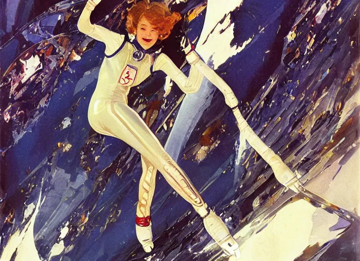 Image similar to a copic maker art nouveau illustration of a high speed ice skater girl wearing an eva pilot suit designed by balenciaga by john berkey, norman rockwell